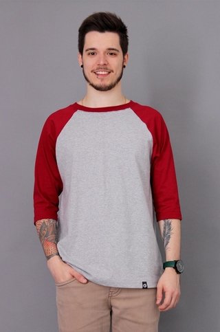 Camiseta Raglan Unissex Manga 3/4 Cinza Mescla / Vermelho