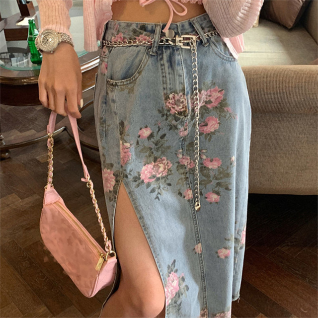 Saia jeans com flores best sale