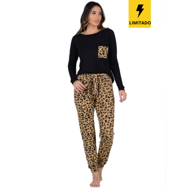 Pijama Feminino Longo com Estampa de Onça