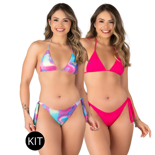 KIT 2 Peças Biquíni Cortininha Empina Bumbum Com Amarração Abstrato Azul e Pink Neon