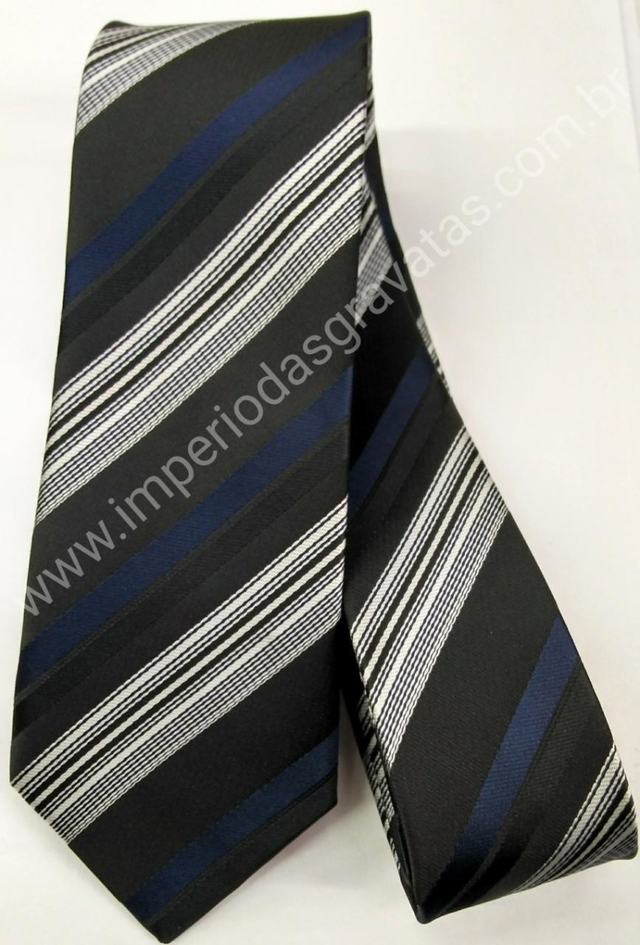 Gravata Skinny - Preta Detalhada com Risca Branca, Preta e Azul Marinho -  COD: PH140
