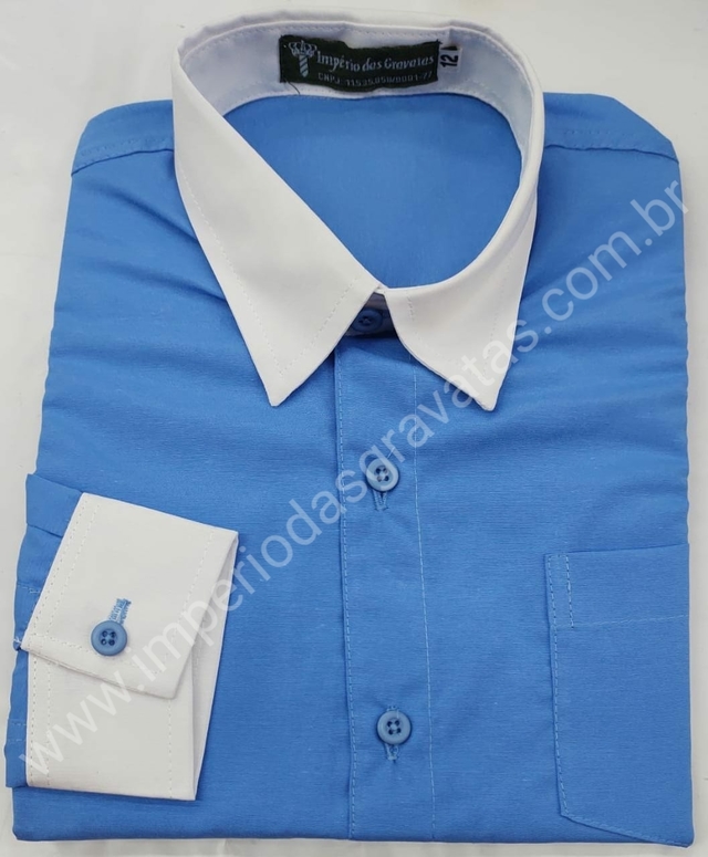Camisa Social Infantil - Azul Marshmallow com Gola e Punho Branco - COD:  BX259