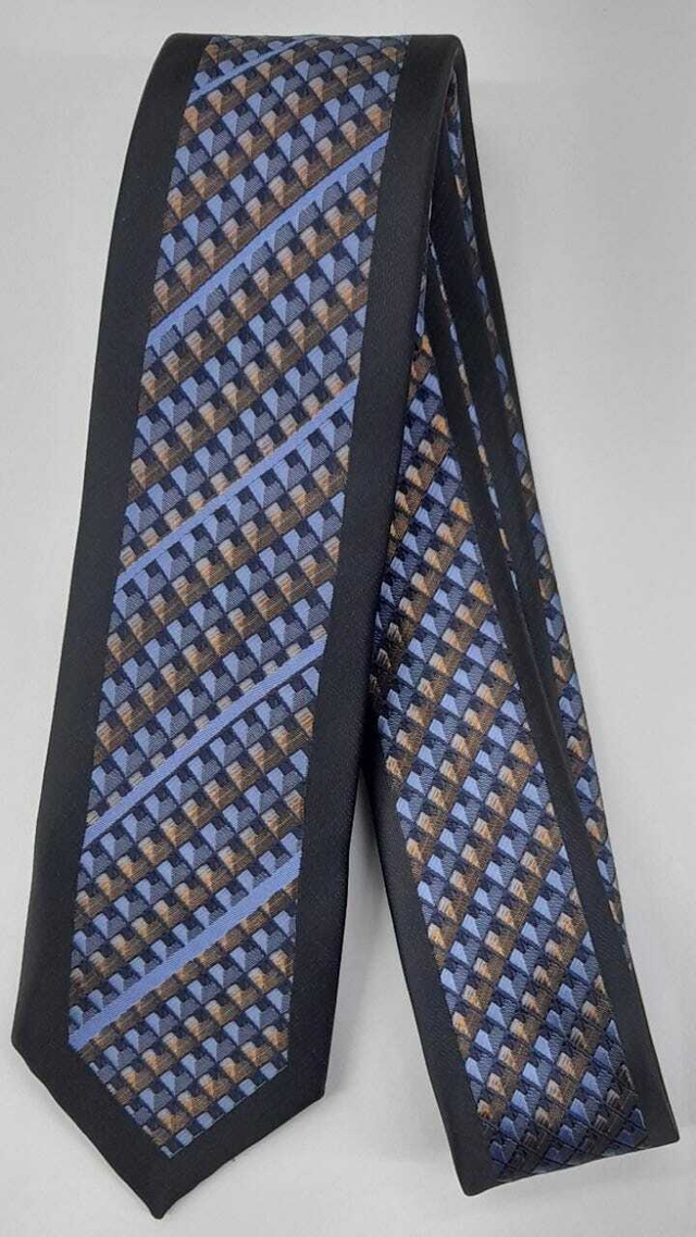 Gravata Slim Fit Toque de Seda - Preta com Azul e Marrom - COD: PX493