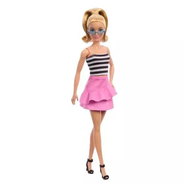 Boneca Barbie Fashionista Blusa Listrada Saia Rosa 213 Mattel Fbr37