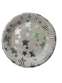 Plato blanco estrella plateada x 10 unid