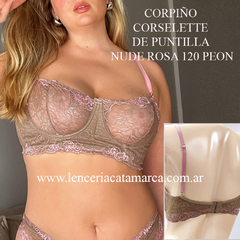 Corpiño corselette de puntilla en color nude rosa, con detalles en rosa claro, modelo 120 Peon.