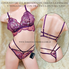 ANDRESSA CONJUNTO DE TUL BORDADO CON TIRA EN LA ESPALDA Y TANGA HILO CON TIRA EN LA CINTURA VINO E 2043VI E 2143VI