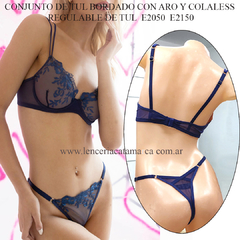 ANDRESSA CONJUNTO SOFT DE TUL BORDADO CON ARO Y COLALESS REGULABLE DE TUL AZUL E 2050 E 2148AZ