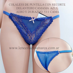 VICTORIA COSSY TANGA COLALESS DE PUNTILLA CON RECORTE DELANTERO CAMASIA AZUL AERO Y DURAZNO 53/1 CAMA en internet