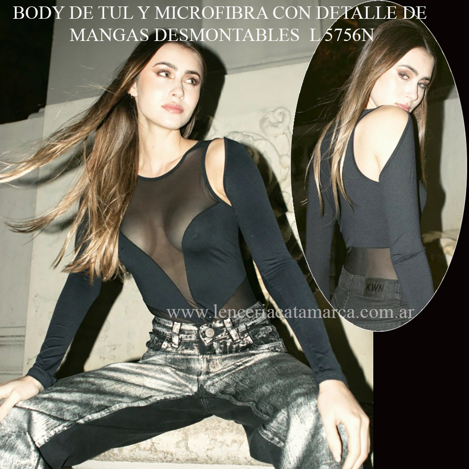 ANDRESSA BODY DE TUL Y MICROFIBRA CON DETALLE DE MANGAS