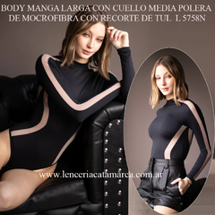 ANDRESSA BODY MANGA LARGA CON CUELLO MEDIA POLERA DE MOCROFIBRA CON RECORTE DE TUL NEGRO L 5758N