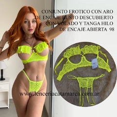 CHAR CONJUNTO EROTICO CON ARO DE ENCAJE BUSTO DESCUBIERTO CON VOLADO Y TANGA HILO DE ENCAJE ABIERTA AMARILLO FLUOR 98AF