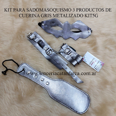 SADO KIT PARA SADOMASOQUISMO 3 PRODUCTOS DE CUERINA GRIS METALIZADO KIT5G