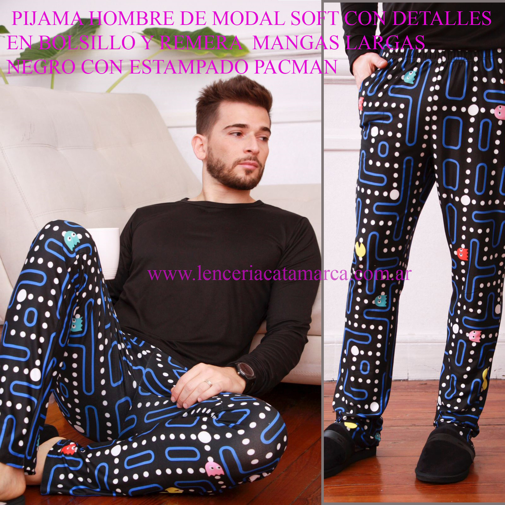 ARAUCA PIJAMA HOMBRE DE MODAL SOFT CON DETALLES EN BOLSILLO Y REMERA MANGAS  LARGAS PACMAN NEGRO