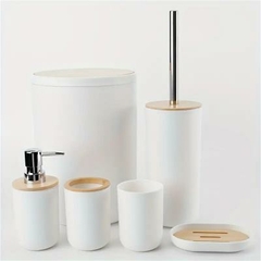 Set 6 Piezas Baño Jabonera Dispenser Vaso Porta Cepillo Escobilla Y Cesto Basura Bambú en internet