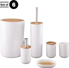 Imagen de Set 6 Piezas Baño Jabonera Dispenser Vaso Porta Cepillo Escobilla Y Cesto Basura Bambú