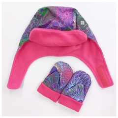 TALLE 0/S - CONJUNTO ABRIGO GORRO Y MANOPLAS LILA ESTAMPADO FORRADO PLUSH FUCSIA - COLUMBIA