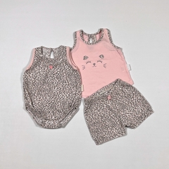 TALLE XXS ( 0/3 MESES ) - CONJUNTO TRES PIEZAS ALGODON BODY7REMERA Y CALZA ANIMAL PRINT ROSA - MINIMIMO