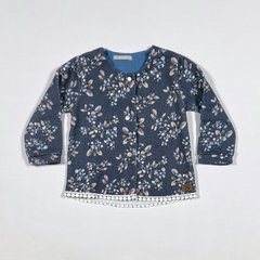 TALLE XL (12 MESES ) - CAMPERA ALGODON C/FRISA AZUL GASTADO FLORES - MINIMIMO