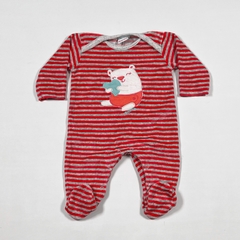 TALLE 1 ( 3 MESES ) - ENTERITO LARGO PLUSH GRIS RAYAS CORAL - OWOKO