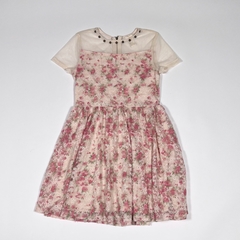 TALLE 7/8 AÑOS - VESTIDO M/CORTA TULL ENCAJE BEIGE FLORES ROSAS - FOREVER GIRLS - comprar online