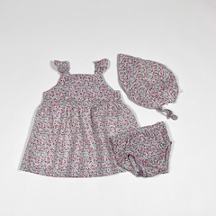 TALLE M - CONJUNTO VESTIDO S/MANGA C/CAPELINA Y BOMBACHA BLANCO FLORCITAS - CHEEKY