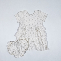 TALLE 18 MESES - VESTIDO M/CORTA CRUDO PINTITAS Y VOLADOS C/BOMBACHA - BABYCOTTONS