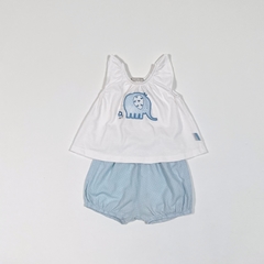 TALLE S ( 3/6 MESES ) - CONJUNTO REMERA S/MANGA BLANCA ELEFANTE C/ SHORT CELESTE - MIMO