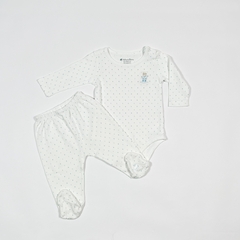 TALLE 3 MESES - CONJUNTO BODY M/LARGA C/RANITA BLANCO GOTITAS CELESTES - BABYCOTTONS