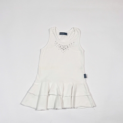 TALLE 2 - VESTIDO S/MANGA ALGODÓN BLANCO VOLADOS STRASS PECHO - MIMO