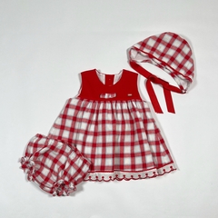 TALLE 24 MESES - VESTIDO S/MANGA C/BOMBACHUDO Y CAPELINA ROJO CUADROS BLANCOS - YOECHU