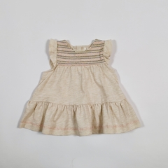 TALLE 3/6 MESES - VESTIDO S/MANGA ALGODÓN BEIGE BORDADO PECHO - MAGGIE ZOE