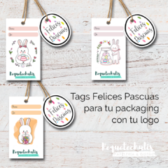 Tags Etiquetas colgantes Felices Pascuas con tu marca o logo emprendedor conejitos cute