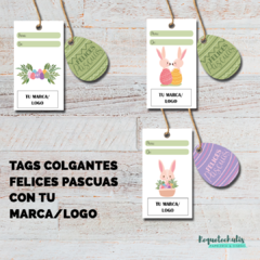 Tags Etiquetas colgantes Felices Pascuas con tu marca o logo emprendedor Pasteles