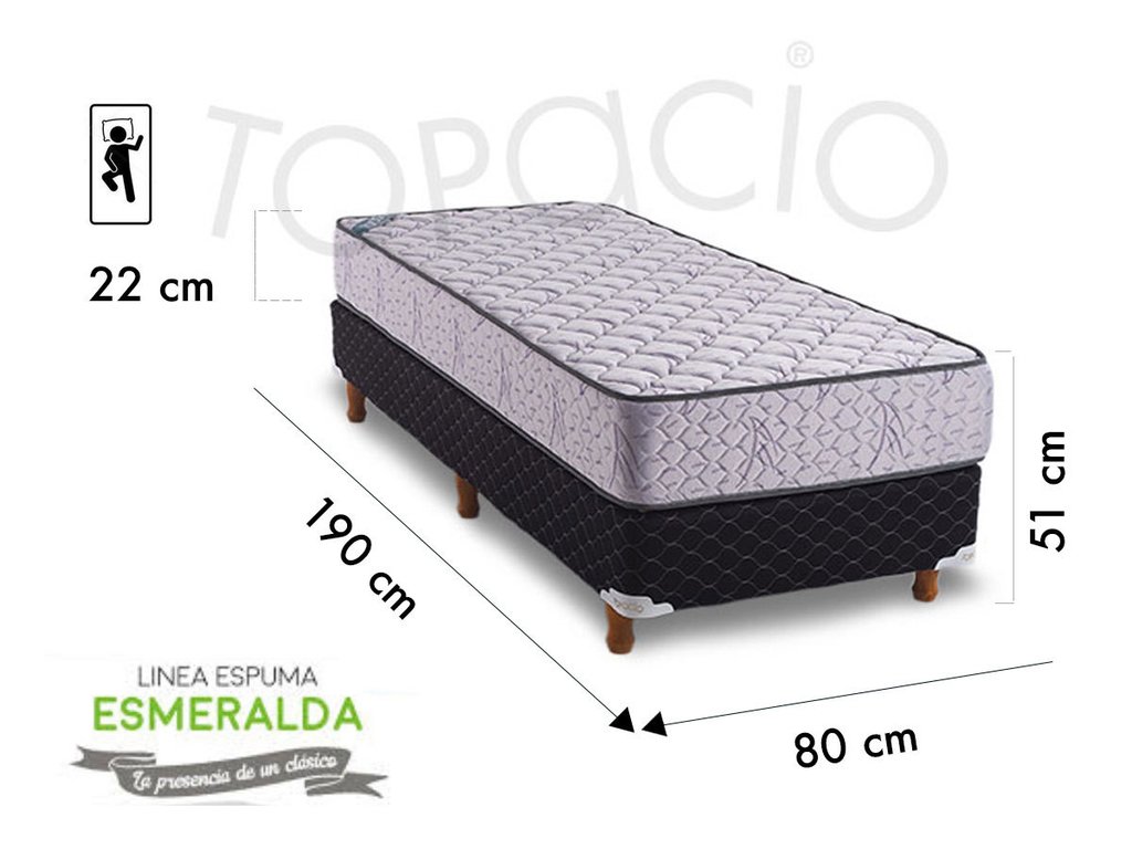 Sommier + Colchón Topacio Esmeralda espuma 1 plaza 190x80X22