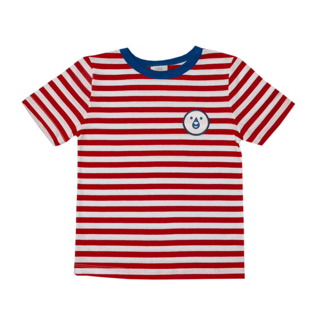 REMERA RAYADA ROJO Y CRUDA CON PARCHE CARITA