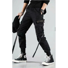 Pantalon Cargo Techwear Tiras Negro Gabardina 6091