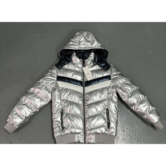 Campera Puffer Con Capucha Plata Brillante