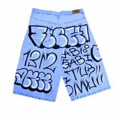 Bermuda Jean Intervenido Graffiti Hip Hop Baggy Celeste - comprar online