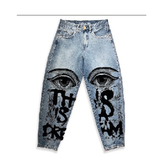 Pantalon Jean Intervenido Serigrafia Ojos Dream - comprar online