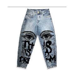 Pantalon Jean Intervenido Serigrafia Ojos Dream