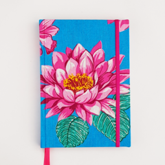 Cuaderno cosido liso | Flor rosa con celeste de tela chita/Brasil