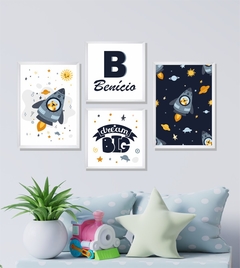 Quadros Infantis Urso no espaço e Nome personalizado