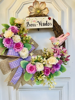 Guirlanda Bem-Vindos Flores Do Campo 39cm c/ passarinho - Decora Encanta 