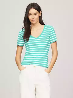 Camiseta Tommy Hilfiger Feminina Listras Verde - Gola V