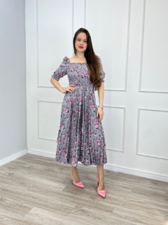 VESTIDO MIDI LASTEX PLISSADO FLORAL