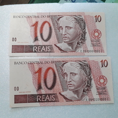 Cédulas de 10 Reais de 2008 C 299 B 0943000001 A e B 0943100000 A CASAL PERFEITO Chancelas Guido Mantega e Henrique Meirelles Flor de Estampa RARA