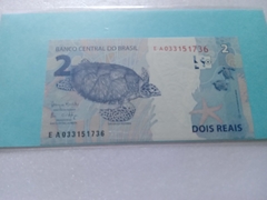 Cédula de 2 Reais Serie E A 033151736 Chancela de Meirelles e Goldfajn Flor de Estampa