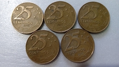 Moedas de 25 Centavos de 2000 Aço Inox Banhado de Bronze (Lote de 5 Moedas ) Circuladas ML 11