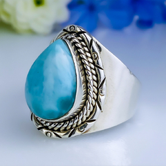 Anel de prata 925 com pedra natural larimar (A1746) - PRATAdaPEDRA